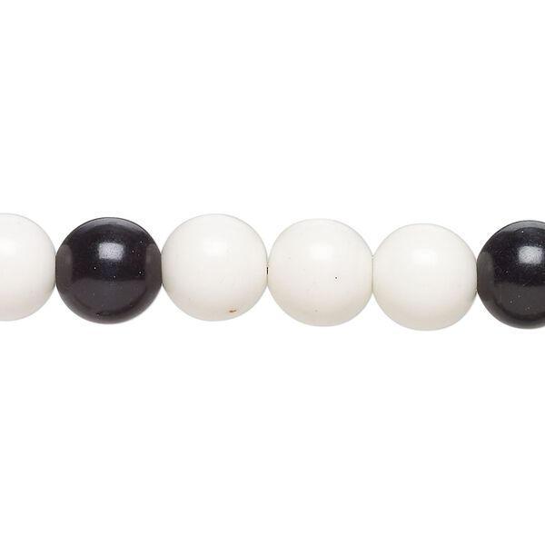 Bead, porcelain, opaque shiny black and white, 8mm round. Sold per 8-inch strand, approximately 20 to 25 beads. image number 0