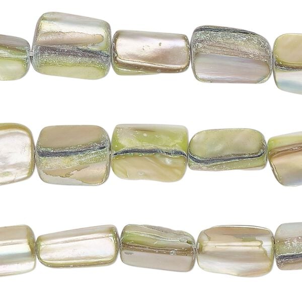 Bead, mother-of-pearl shell (dyed), yellow-green, medium to large chip and 10x7mm-11x8mm stick, Mohs hardness 3-1/2. Sold per pkg of (3) 15-inch strands. image number 0