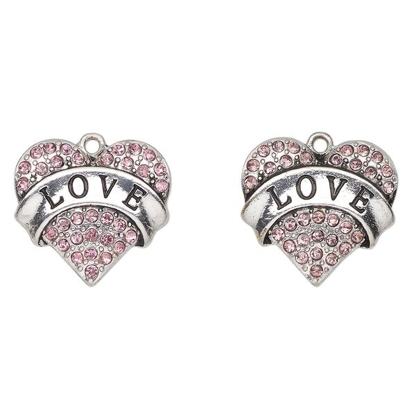 Charm, antique silver-finished enamel "pewter" (zinc-based alloy) and glass, pink and black, 24x23mm heart with "Love". Sold per pkg of 2. image number 0