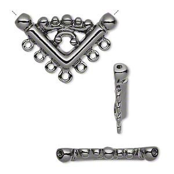 Connector, gunmetal-plated "pewter" (zinc-based alloy), 26x14mm filigree "V" with 7 loops. Sold per pkg of 2. image number 0