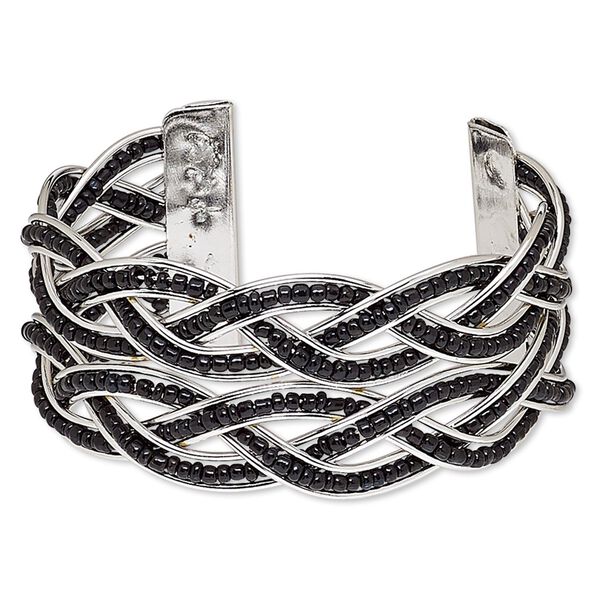 Bracelet, cuff, glass and silver-plated steel, black, 35mm wide with braided design, adjustable from 6-7 inches. Sold individually. image number 0
