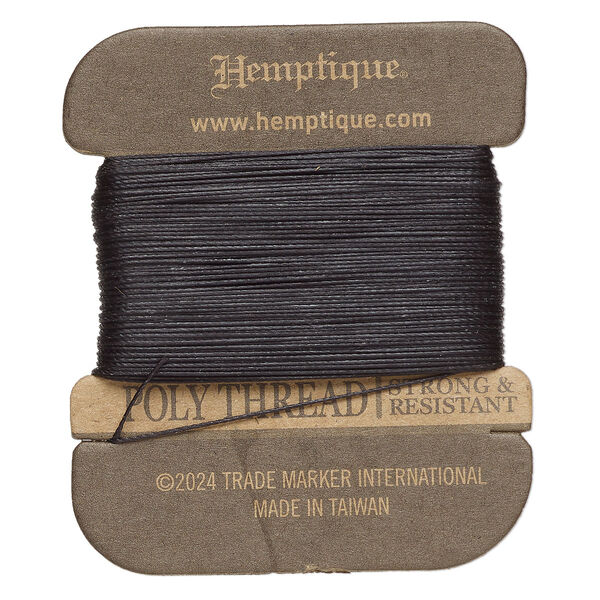 Thread, Hemptique®, polyester, pkg/32 yards, black, 0.45mm 3-ply round. image number 0