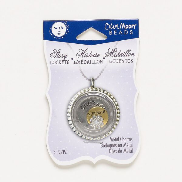 Charm mix, acrylic rhinestone / enamel / antique gold- / antique silver-finished "pewter" (zinc-based alloy) / steel, clear and black, 10mm undrilled flower / 14mm undrilled flat round with "STRENGTH" and cutout flower / 21mm flat round with "COURAGE." Sold per pkg of 3. image number 0