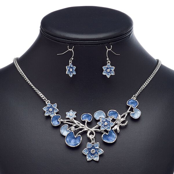 Necklace and earring set, enamel / glass rhinestone / imitation rhodium-plated brass / steel / "pewter" (zinc-based alloy), blue / dark blue / clear, lotus, 18-inch necklace with 2-inch extender chain and lobster claw clasp, 26mm earrings with fishhook ear wire. Sold per set. image number 0