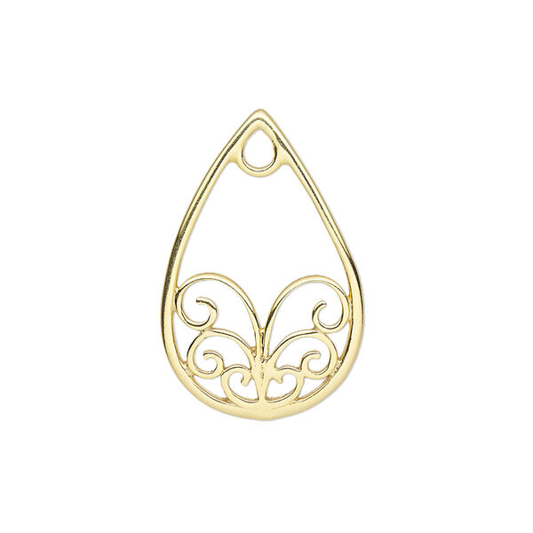 Component, gold-finished sterling silver, 25x16.5mm slightly domed teardrop with swirl design. Sold individually. image number 0