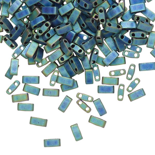 Seed bead, TILA®, glass, pkg/250g, 5x2.3mm half tila rectangle, opaque matte metallic iris blue, (HTL-2064). image number 0