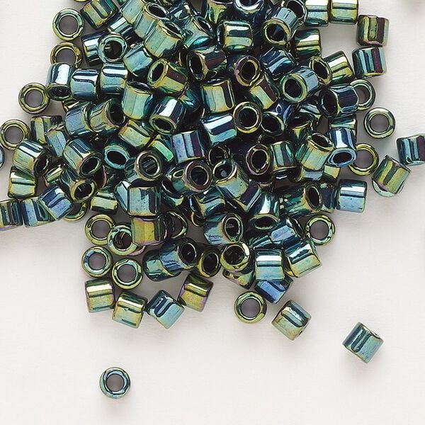 Seed bead, Delica®, glass, pkg/7.5g, #8 round, opaque metallic iris dark green (DBL-0027). image number 0