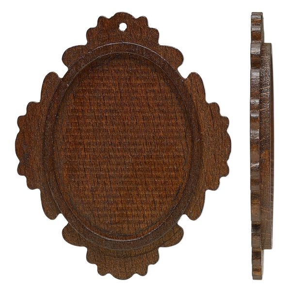 Focal, stained Japanese pagoda wood, dark brown, 57x46mm single-sided top-drilled oval with 40x30mm non-calibrated oval glue-in setting. Sold per pkg of 8. image number 0
