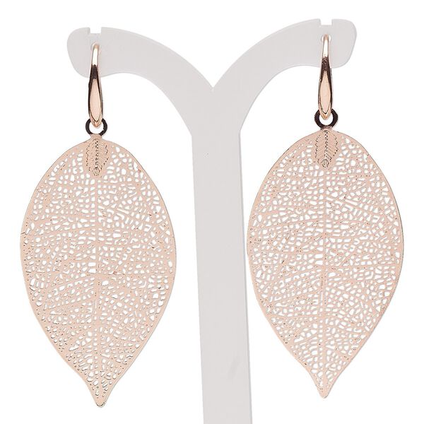 Earring, copper-plated brass, 2-1/2 inches with textured leaf and fishhook ear wire. Sold per pair. image number 0