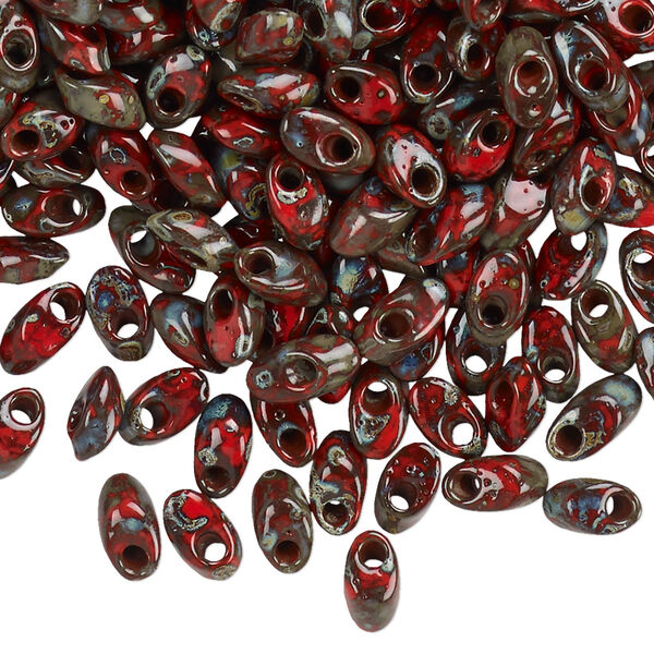 Seed bead, Miyuki, glass, pkg/50g, 7x4mm long magatama, opaque Picasso red, (LMA-4513). image number 0