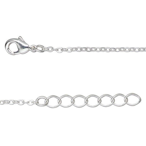 Chain, silver-finished brass, 1.5mm cable, 36 inches with 2-inch extender chain and lobster claw clasp. Sold per pkg of 2. image number 0