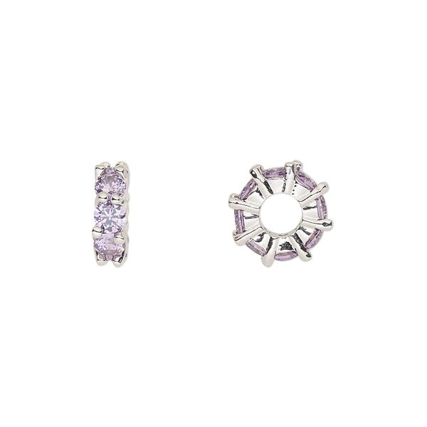 Bead, cubic zirconia and silver-plated brass, amethyst, 10.5x3.5mm rondelle. Sold per pkg of 2. image number 0