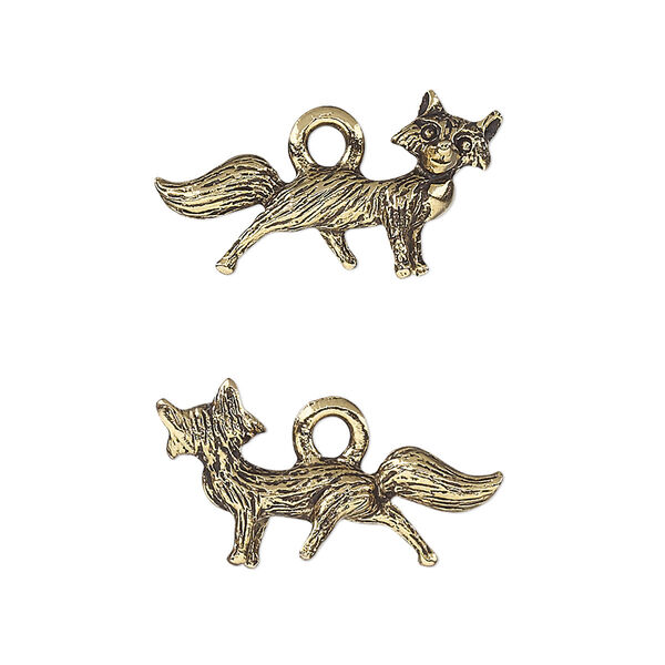 Charm, antique gold-plated pewter (tin-based alloy), 22.5x12.5mm 3D fox. Sold per pkg of 2. image number 0