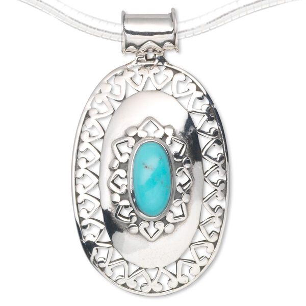 Pendant, sterling silver and turquoise (stabilized), 12x6mm oval, 45x25mm. Sold individually. image number 0