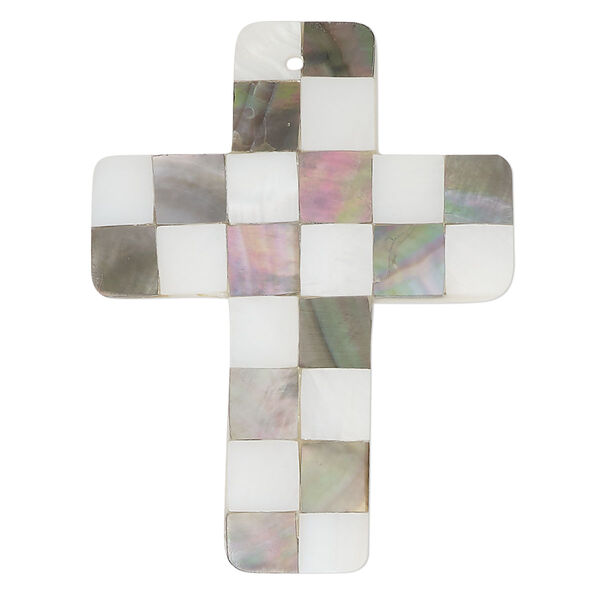 Focal, black lip shell / gold lip shell / mother-of-pearl shell (assembled), 39x30mm - 41x31mm single-sided curved cross, Mohs hardness 3-1/2. Sold individually. image number 0
