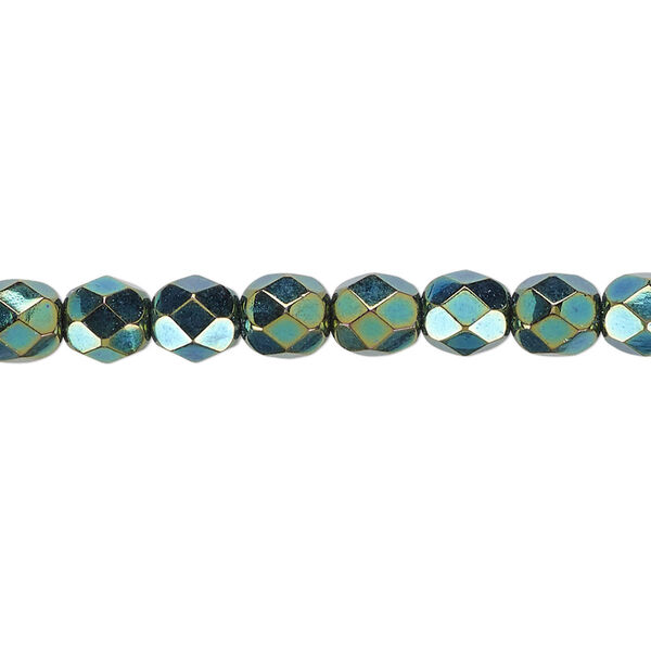 Bead, Czech fire-polished glass, opaque iris green, 6mm faceted round. Sold per 15-1/2" to 16" strand. image number 0