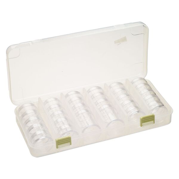 Organizer, plastic, clear, 10-5/8 x 5 x 1-3/4 inch rectangle, (26) 1-1/2x3/4 inch stackable jars and (2) 1-7/8 x 1-3/4 inch stackable jars, 5 removable compartments, snap closure. Sold individually. image number 1
