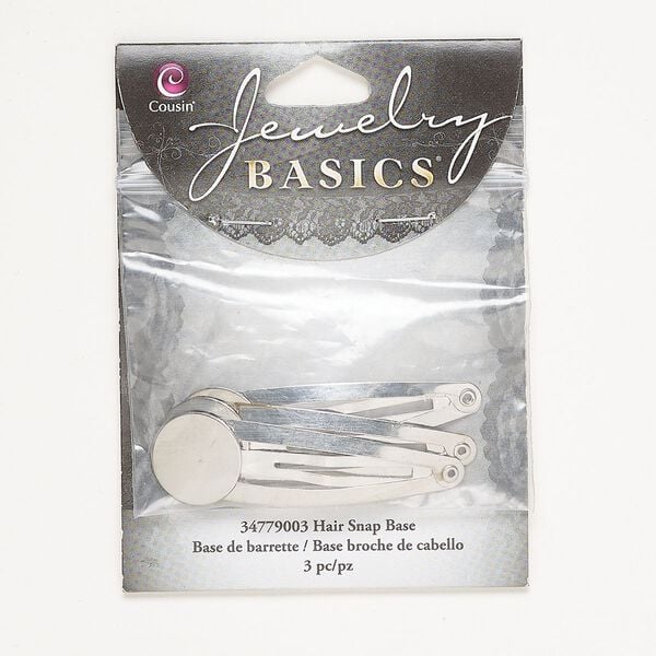 Hair clip, silver-finished steel, 53x16mm with 16mm round glue-on pad. Sold per pkg of 3. image number 0