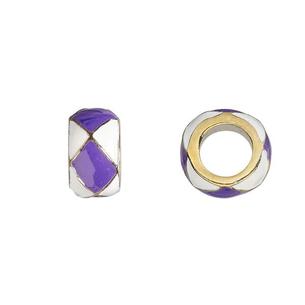 Bead, Dione®, enamel and gold-finished "pewter" (zinc-based alloy), opaque purple and white, 13x7mm rondelle with 7mm hole. Sold individually. image number 0