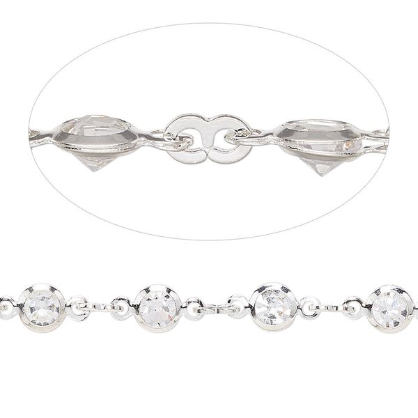 Chain, glass and silver-plated brass, clear, 3mm figure 8 and 5mm round. Sold per pkg of 1 meter. image number 0