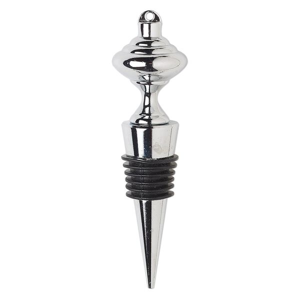 Bottle stopper, silicone and silver-finished "pewter"  (zinc-based alloy), black, 4x1 inches with 6.5x6mm threaded shaft and top loop. Sold individually. image number 0