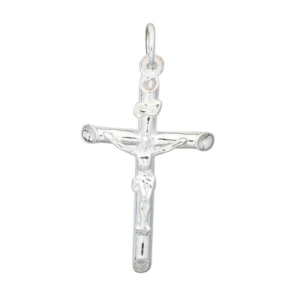 Drop, sterling silver, 28x19mm plain rounded crucifix. Sold individually. image number 0