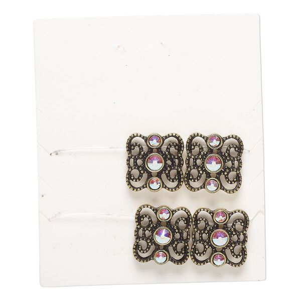 Bead, spacer, "pewter" (zinc-based alloy) and glass, pkg/4, 16x15mm 2-strand fancy square, fits up to 8.5mm beads, antique gold finish and clear AB. image number 0