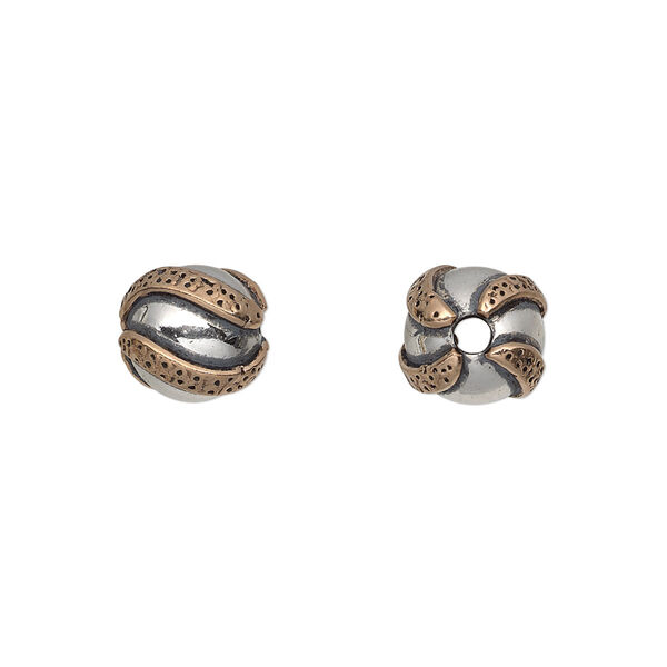 Bead, antiqued sterling silver and copper, 10mm round with textured wave design. Sold individually. image number 0