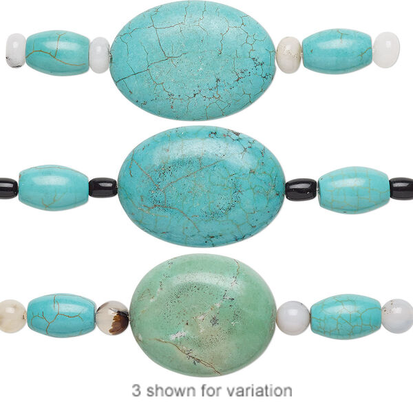 Bead mix, "turquoise" (imitation) resin and multi-gemstone (natural / dyed / heated) / glass, green / blue-green / black, 6mm-30x22mm mixed shape. Sold per pkg of 7. image number 0