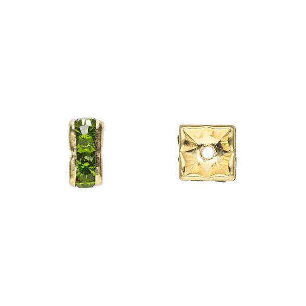 Bead, glass rhinestone and gold-finished brass, peridot green, 8x4mm squaredelle. Sold per pkg of 10. image number 0