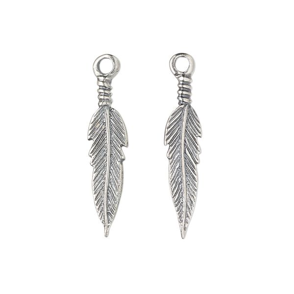 Charm, antiqued sterling silver, 24x6mm double-sided feather. Sold per pkg of 2. image number 0