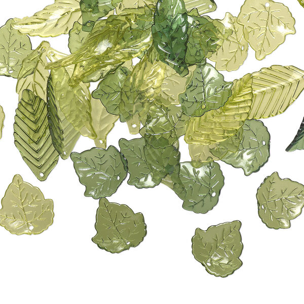 Drop and focal mix, acrylic, transparent light green / green / dark green, 24x22mm double-sided round leaf / 36x19mm double-sided folded leaf / 40x14mm double-sided curved leaf. Sold per 1/8 pound pkg, approximately 80 pieces. image number 0