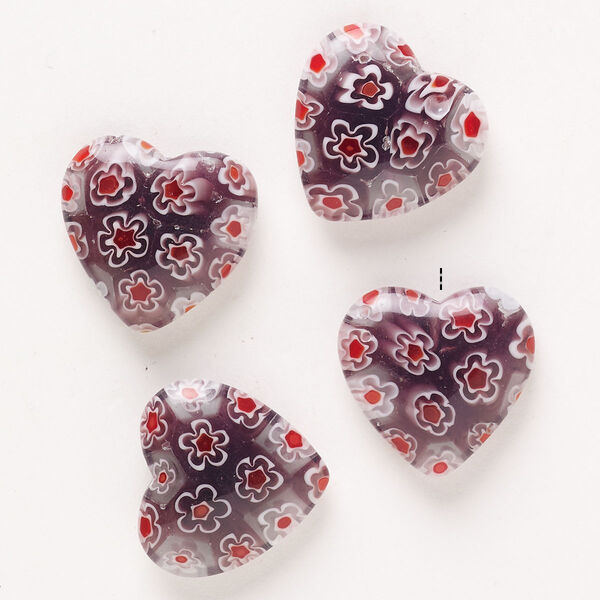 Bead, millefiori glass, pkg/4, translucent purple/red/white, 18-20mm half-drilled puffed heart. image number 0