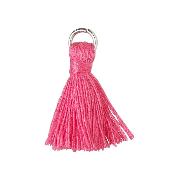 Tassel, cotton and imitation rhodium-finished steel, fuchsia, 20-24mm mini tassel with 6mm open jump ring. Sold per pkg of 6. image number 0