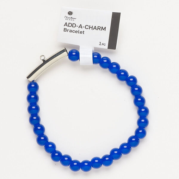 Bracelet, stretch, silver-finished brass and glass, cobalt blue, 6mm round and 25x5m round tube with bottom loop, 6-1/2 inches. Sold individually. image number 0