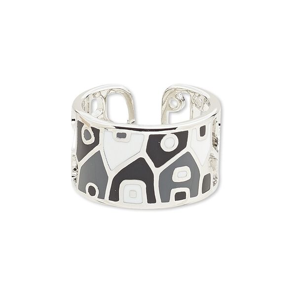 Ring, Avant-Garde Jewelry Collection, enamel and imitation rhodium-plated brass, grey / black / white, 13mm wide with cutout and abstract design, adjustable. Sold individually. image number 0