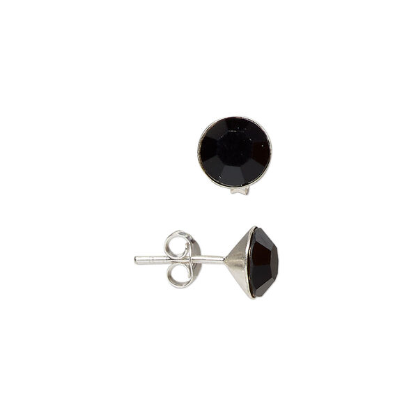 Ear stud, sterling silver and glass, jet, 8mm round. Sold per pair. image number 0
