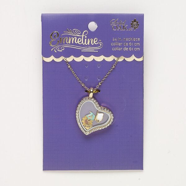 Necklace, glass / enamel / gold-finished "pewter" (zinc-based alloy) / steel, 28x27mm heart with mixed designs, 24 inches with 2-inch extender chain and lobster claw clasp. Sold individually. image number 0