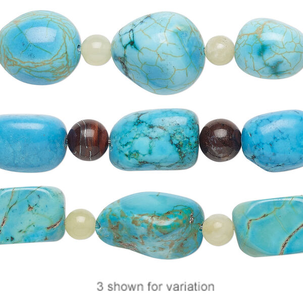 Bead mix, "turquoise" (imitation) resin and multi-gemstone (natural / dyed), blue-green and blue, 6-8mm round and medium nugget. Sold per pkg of 7. image number 0