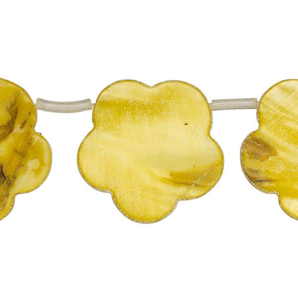 Bead, mother-of-pearl shell (dyed), golden yellow, 21x15mm-23x19mm top-drilled flat flower, Mohs hardness 3-1/2. Sold per 15-1/2" to 16" strand, approximately 15 beads. image number 0