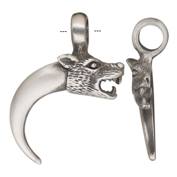 Pendant, Powerful Pewter Pendants, antiqued pewter (tin-based alloy), 44x32.5mm single-sided wolf claw with 7mm hole. Sold individually. image number 0