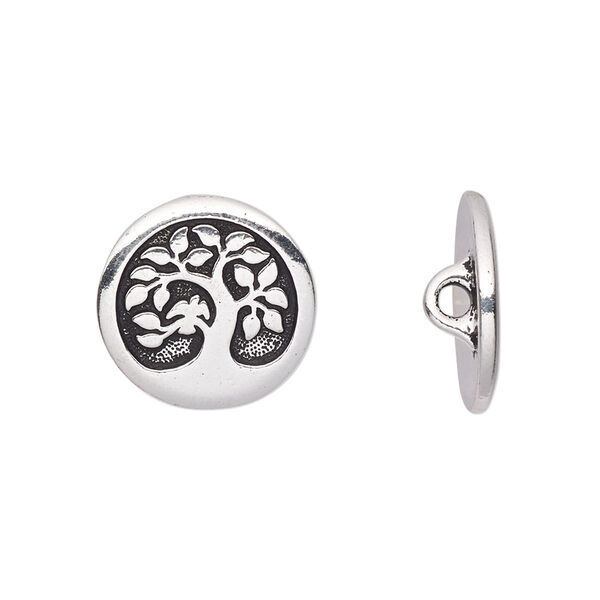 Button, TierraCast®, antique silver-plated pewter (tin-based alloy), 16mm flat round with bird in a tree and closed loop. Sold per pkg of 2. image number 0
