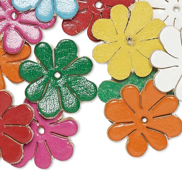 Component, leather (dyed), assorted colors, 18x18mm flower. Sold per pkg of 16. image number 0