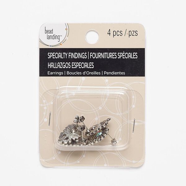 Earstud 1pkg4 "pewter" (zinc-based alloy), 17x13mm flower / closed loop / earnuts, antique silver-finished / steel / glass rhinestone / clear AB 2 pair image number 0
