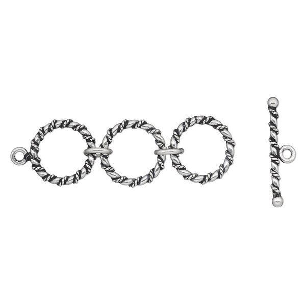 Clasp, antiqued sterling silver, 51x16mm toggle with twisted design and three rings. Sold individually. image number 0
