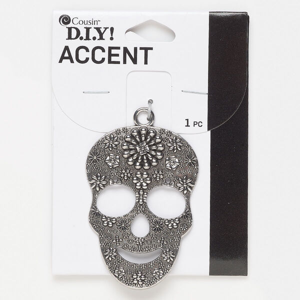 Focal, antique silver-finished "pewter" (zinc-based alloy), 58 x 40.5mm single-sided sugar skull. Sold individually. image number 0