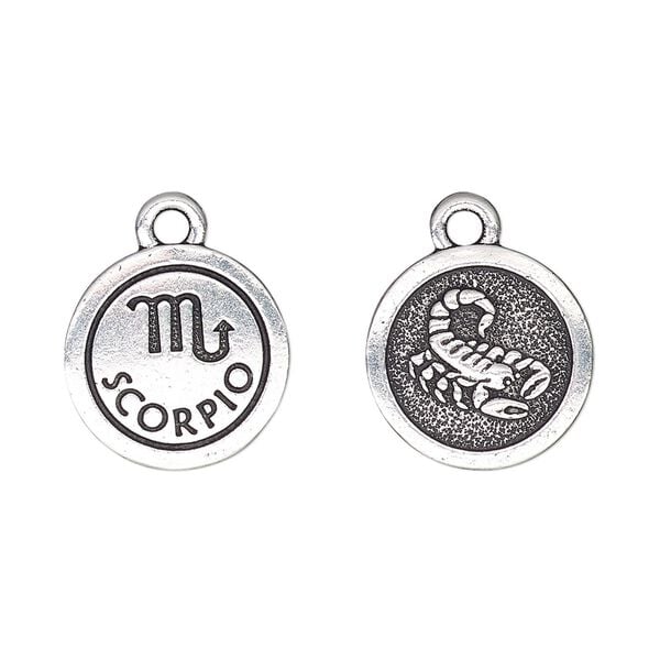 Charm, TierraCast®, antique silver-plated pewter (tin-based alloy), 15mm two-sided flat round with Scorpio zodiac sign and symbol. Sold per pkg of 20. image number 0