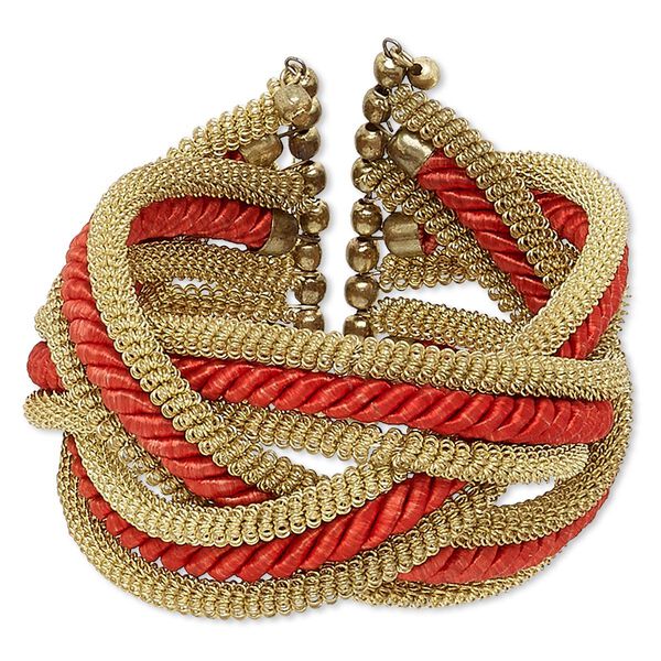 Bracelet, cuff, polyester with gold-finished steel and brass, red, 42mm wide with braided and coiled wire design, adjustable from 6-1/2 to 7-1/2 inches. Sold individually. image number 0