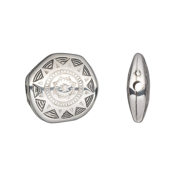 Bead, antiqued silver-finished copper-coated plastic, 18mm double-sided irregular round with sun design. Sold per 50-gram pkg, approximately 45 beads. image number 0