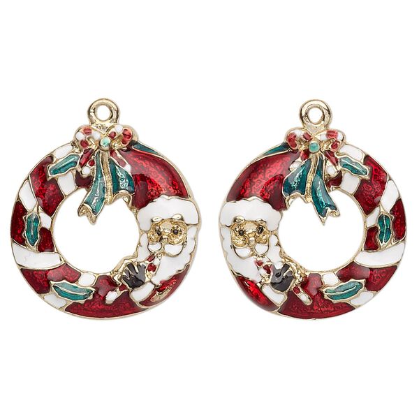 Charm, enamel and gold-finished "pewter" (zinc-based alloy), multicolored, 21x20mm left- and right-facing single-sided Santa Claus wreath. Sold per pkg of 2. image number 0